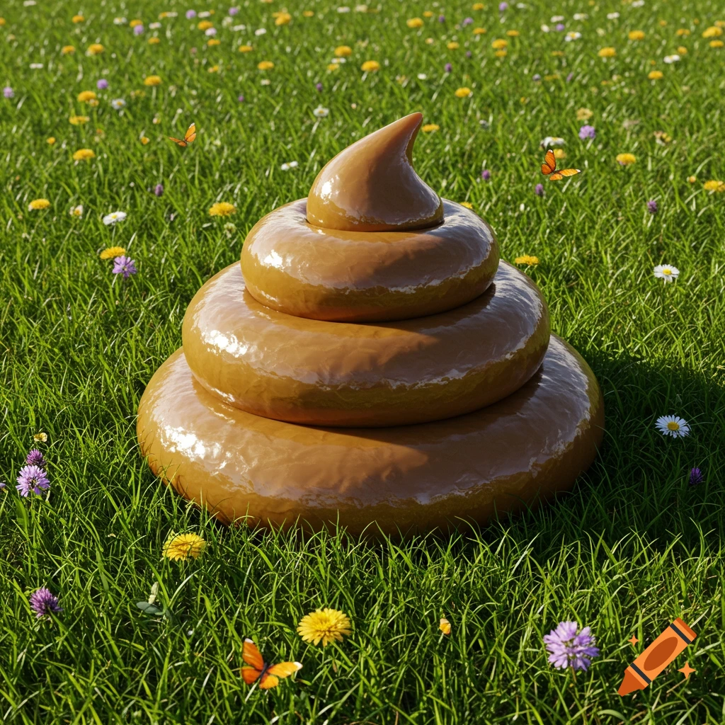 A cartoonish, brown pile of poop sits in a vibrant green grassy field with small colorful wildflowers and butterflies.