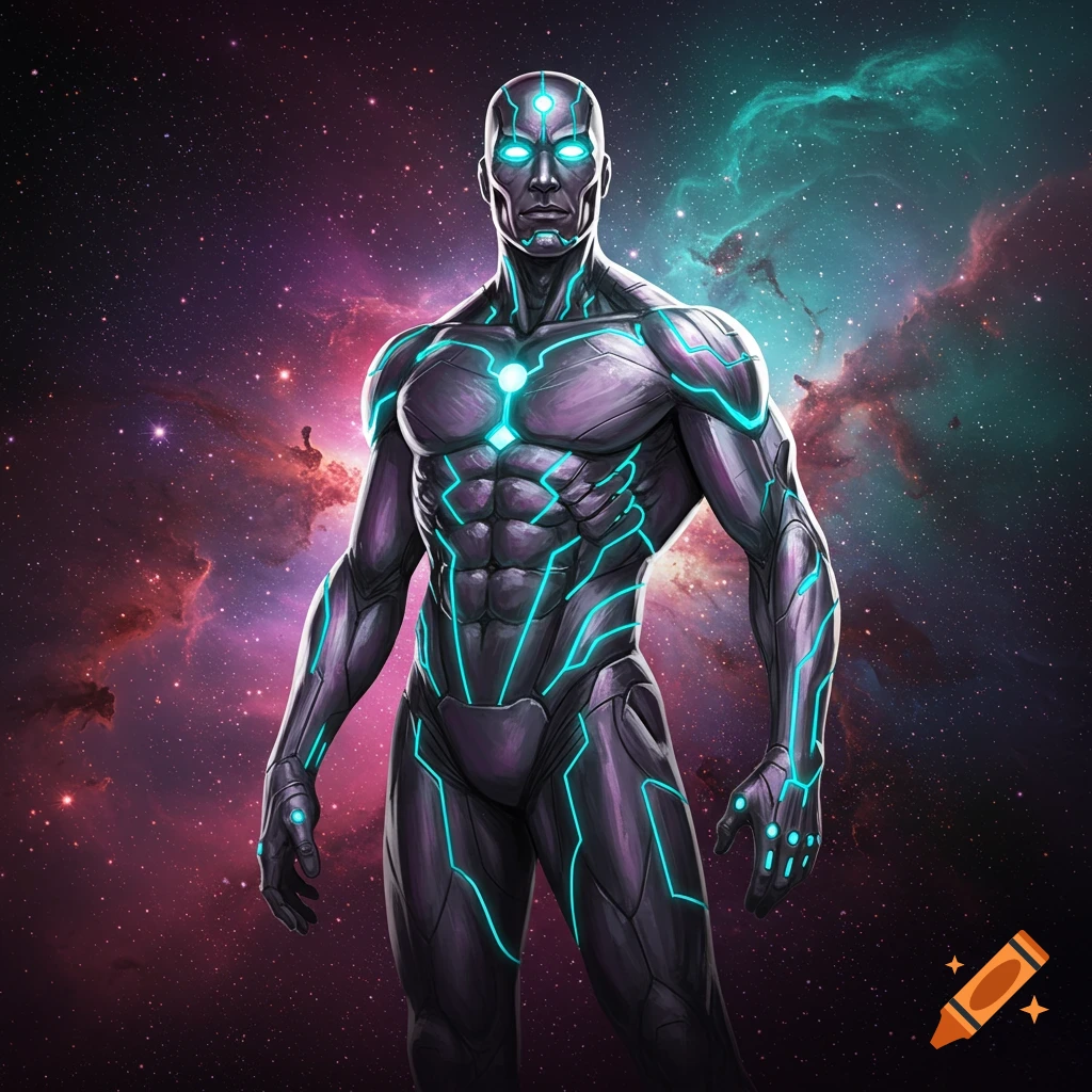 A muscular humanoid character with glowing blue lines and eyes stands against a cosmic backdrop of purple and teal nebulae.