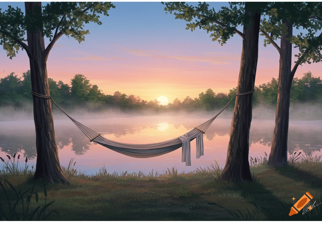 A serene painted landscape of a hammock between trees by a misty lake at sunrise.