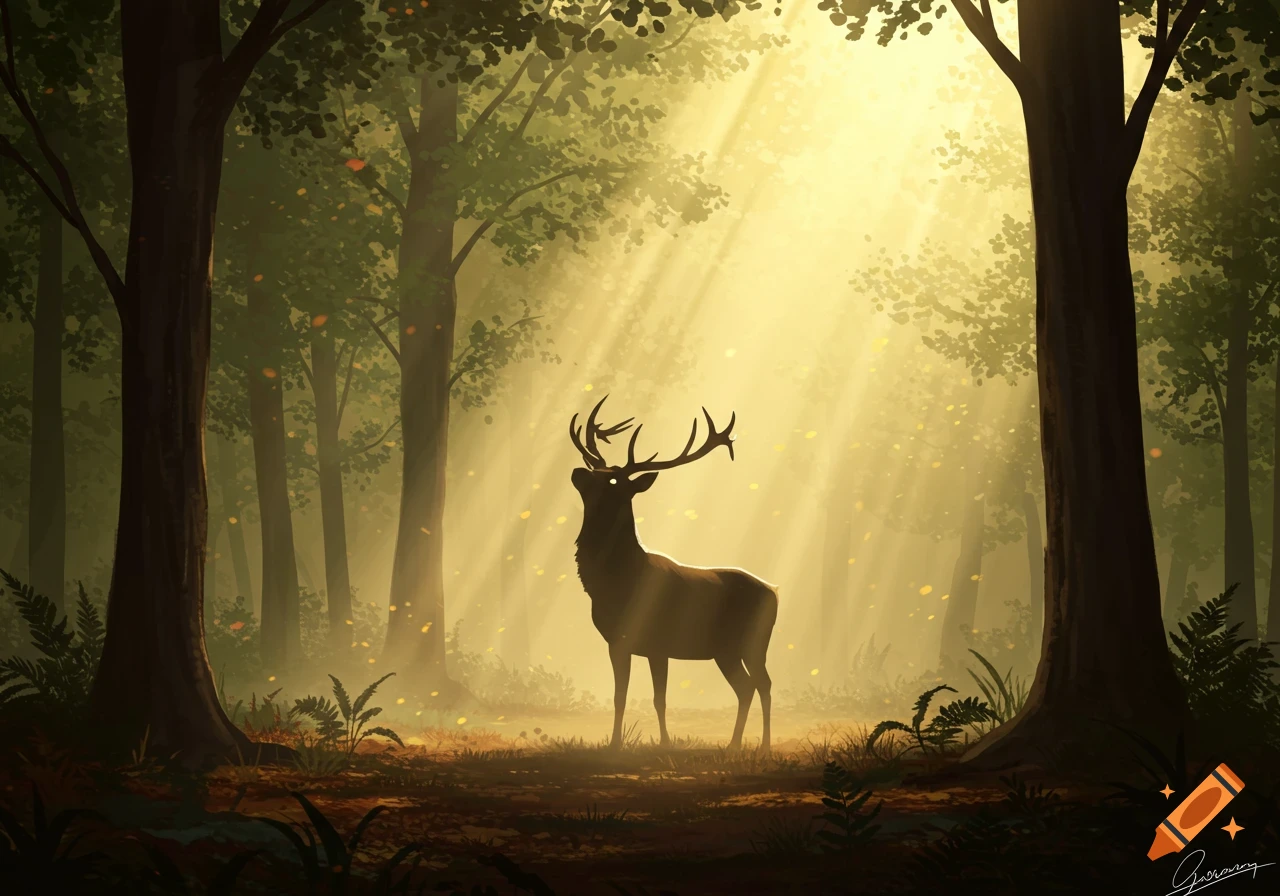 A silhouette of a buck with large antlers stands in a misty forest with bright sun rays shining through the trees. Digital painting.