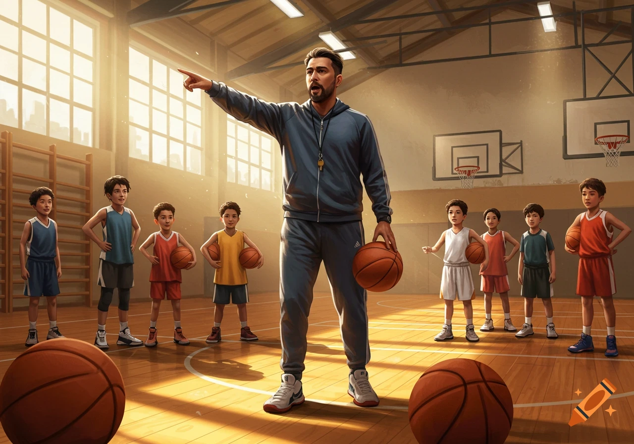 A male basketball coach in a tracksuit points instructionally to a group of young boys holding basketballs on a brightly lit indoor court.