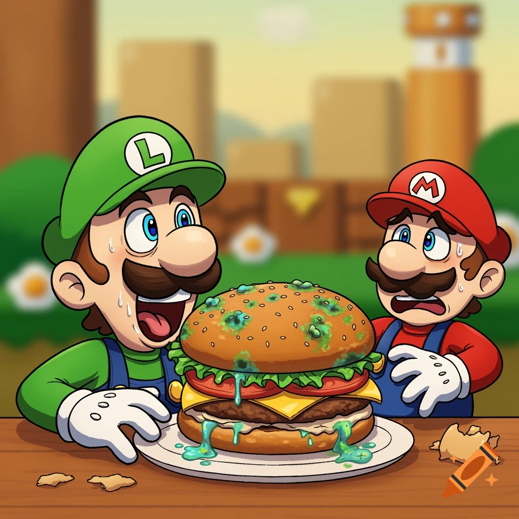 Cartoon of Luigi excitedly looking at a moldy burger while Mario reacts with disgust in a Mario Bros. setting.