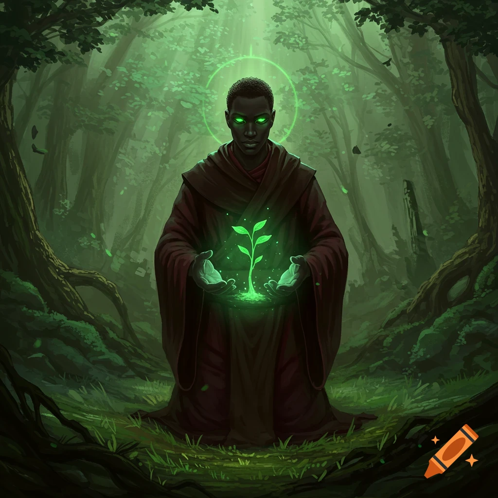A dark-skinned monk with glowing green eyes and a green halo holds a luminous green plant in his hands, surrounded by a lush, dark forest with light rays.