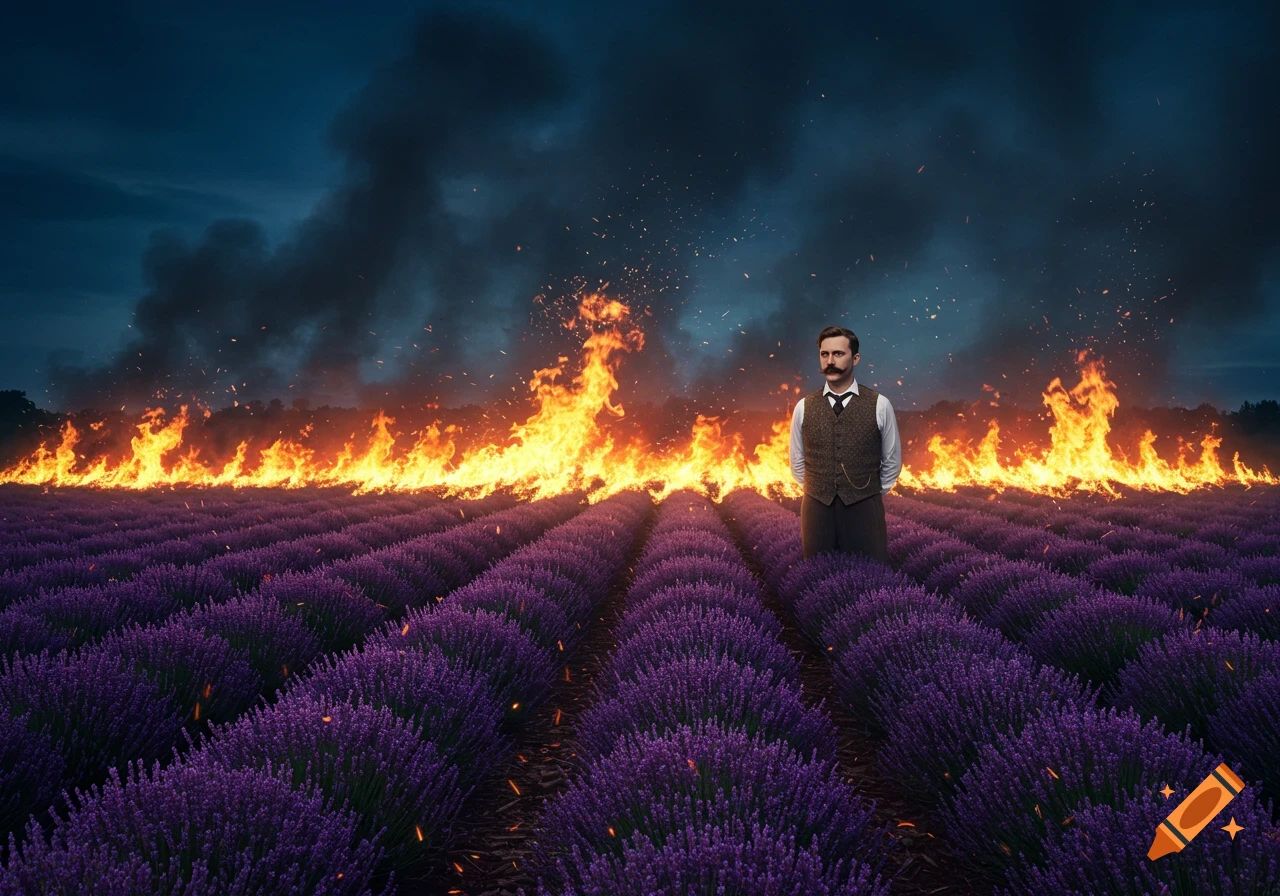 A man in a vest stands in a purple lavender field with a large wall of fire behind him under a dark, smoke-filled sky.