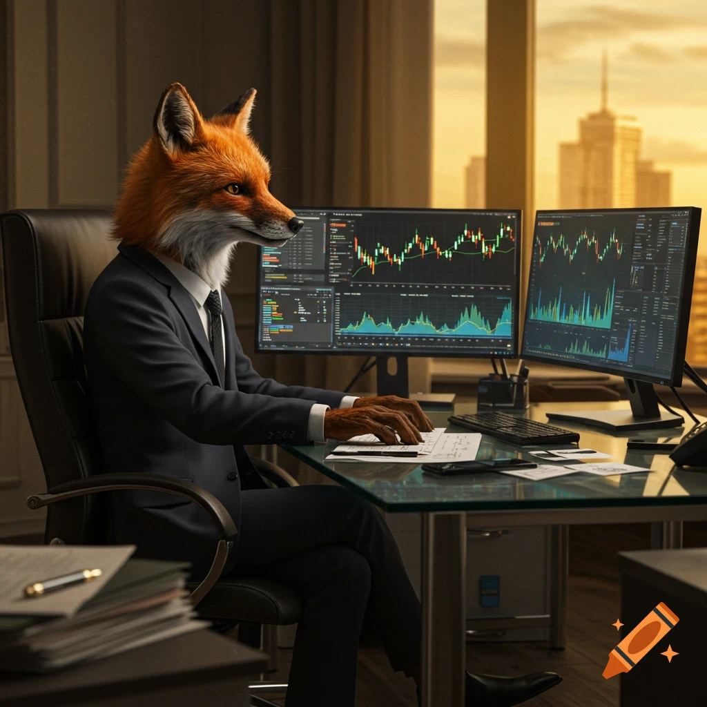 Photorealistic anthropomorphic fox in a business suit sits at a desk with two monitors displaying stock charts in an office.