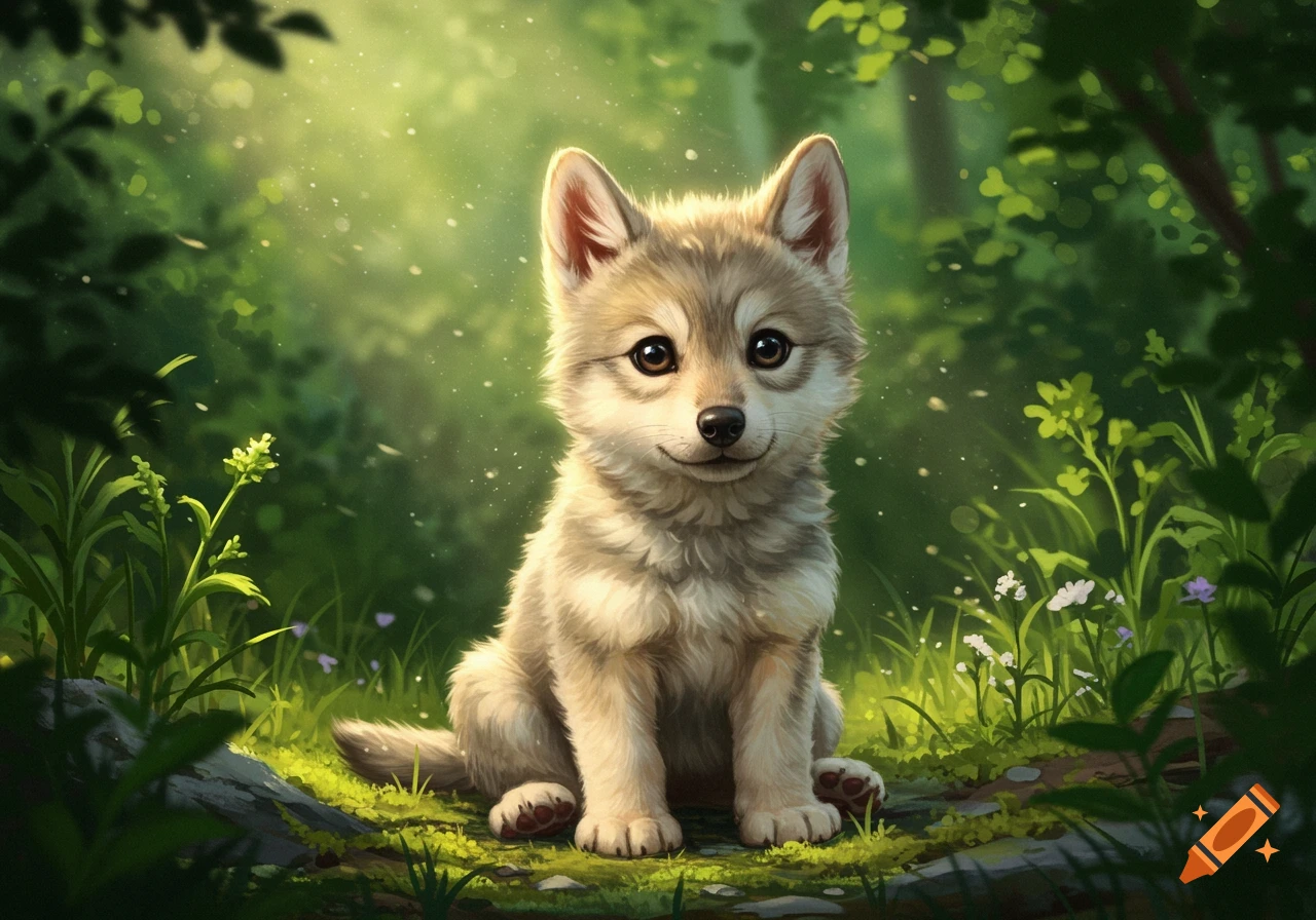A cute, fluffy wolf pup with big dark eyes sits looking forward in a sunny, green forest.