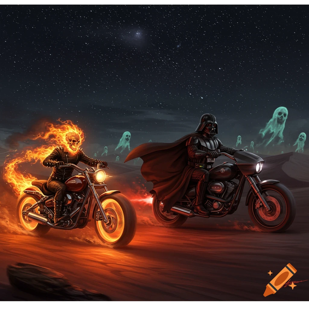 Ghost Rider and Darth Vader ride motorcycles across a fiery desert at night, with glowing spectral figures in the background.