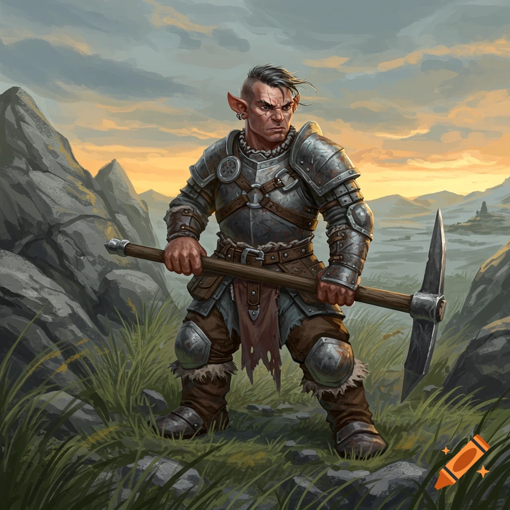 A male halfling barbarian in armor with a pickaxe stands in a rocky, grassy landscape at sunset, digital painting.