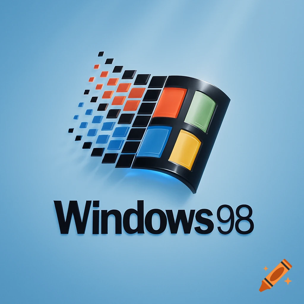 3D rendering of the Windows 98 logo with its colorful flag and text on a light blue background.