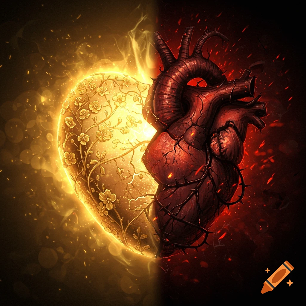A stylized heart split down the middle: one side is golden and floral, the other dark red with thorns, representing good and bad.