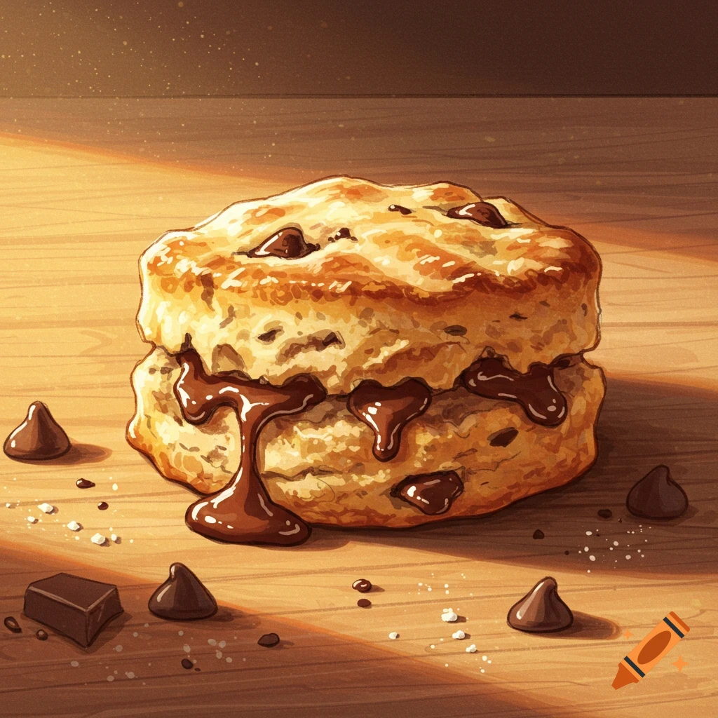 A hand-drawn chocolate chip biscuit with melted chocolate filling, on a wooden table with scattered chocolate pieces.