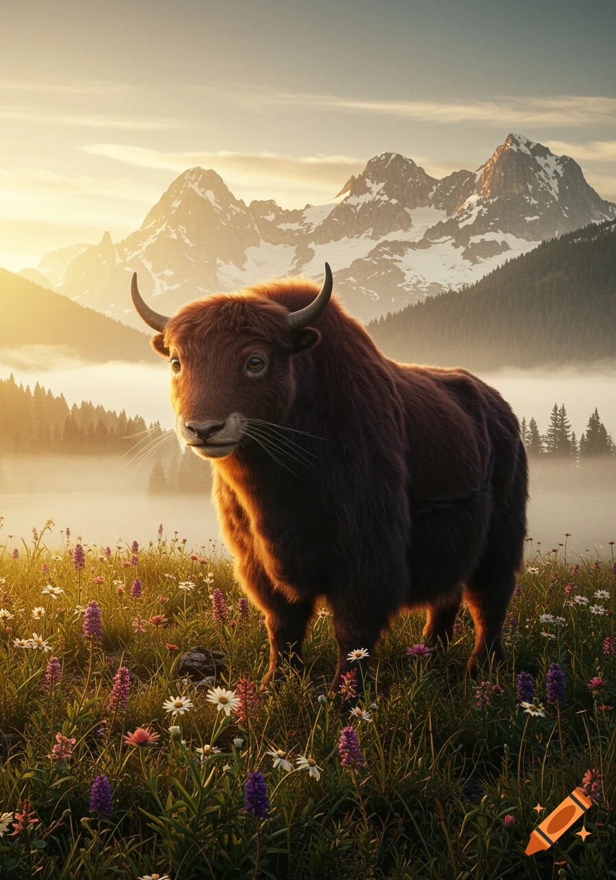 A yak-like creature stands in a vibrant mountain meadow at sunrise, with misty valleys and snow-capped peaks in the background.