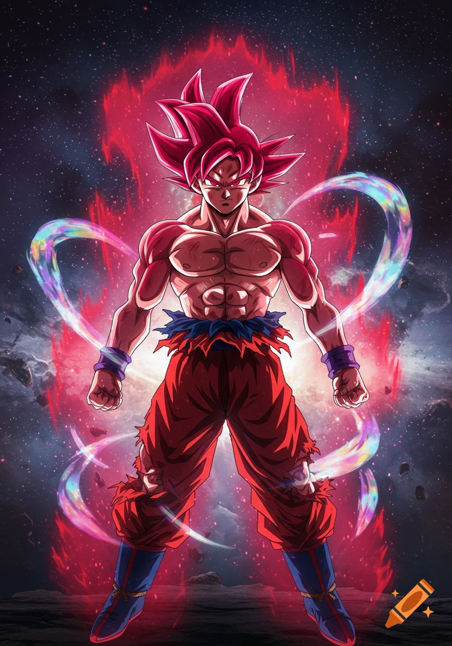 Super Saiyan God Goku with a red energy aura standing against a starry cosmic background.
