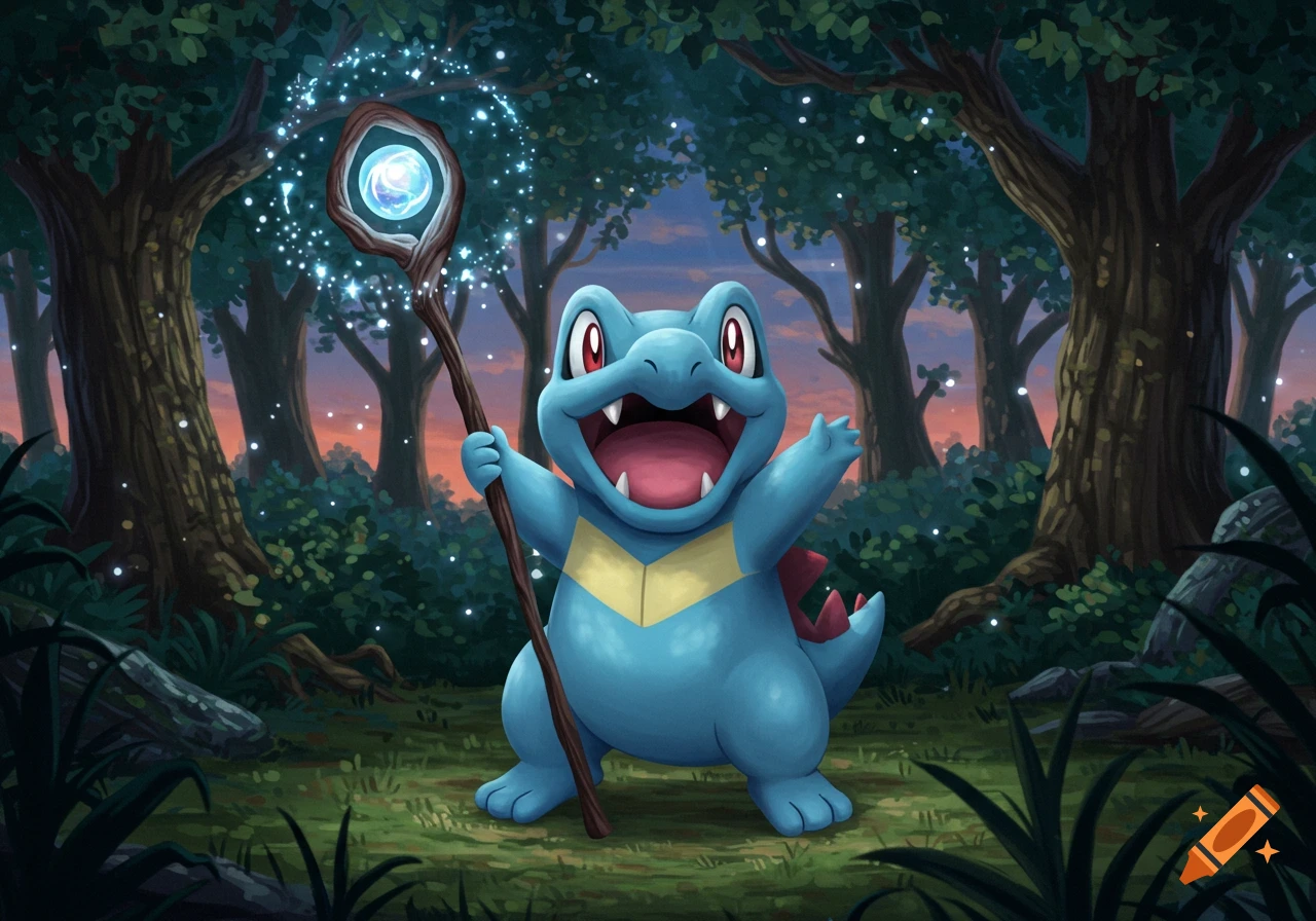 Totodile, a blue crocodile-like Pokemon, holds a glowing wizard staff in a magical forest. Digital illustration.