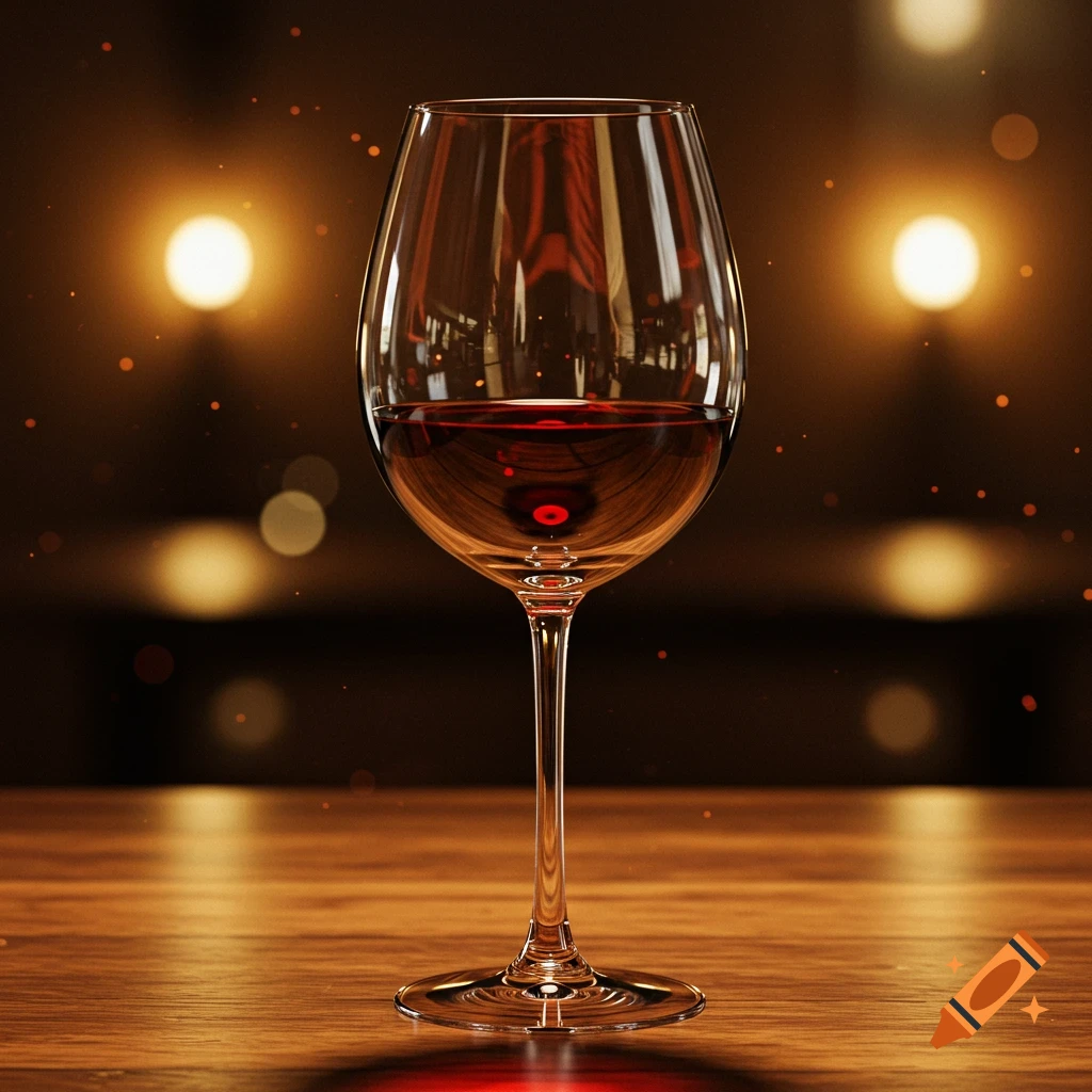 Photorealistic close-up of a wine glass filled with red wine on a wooden table with bokeh lights in the background.
