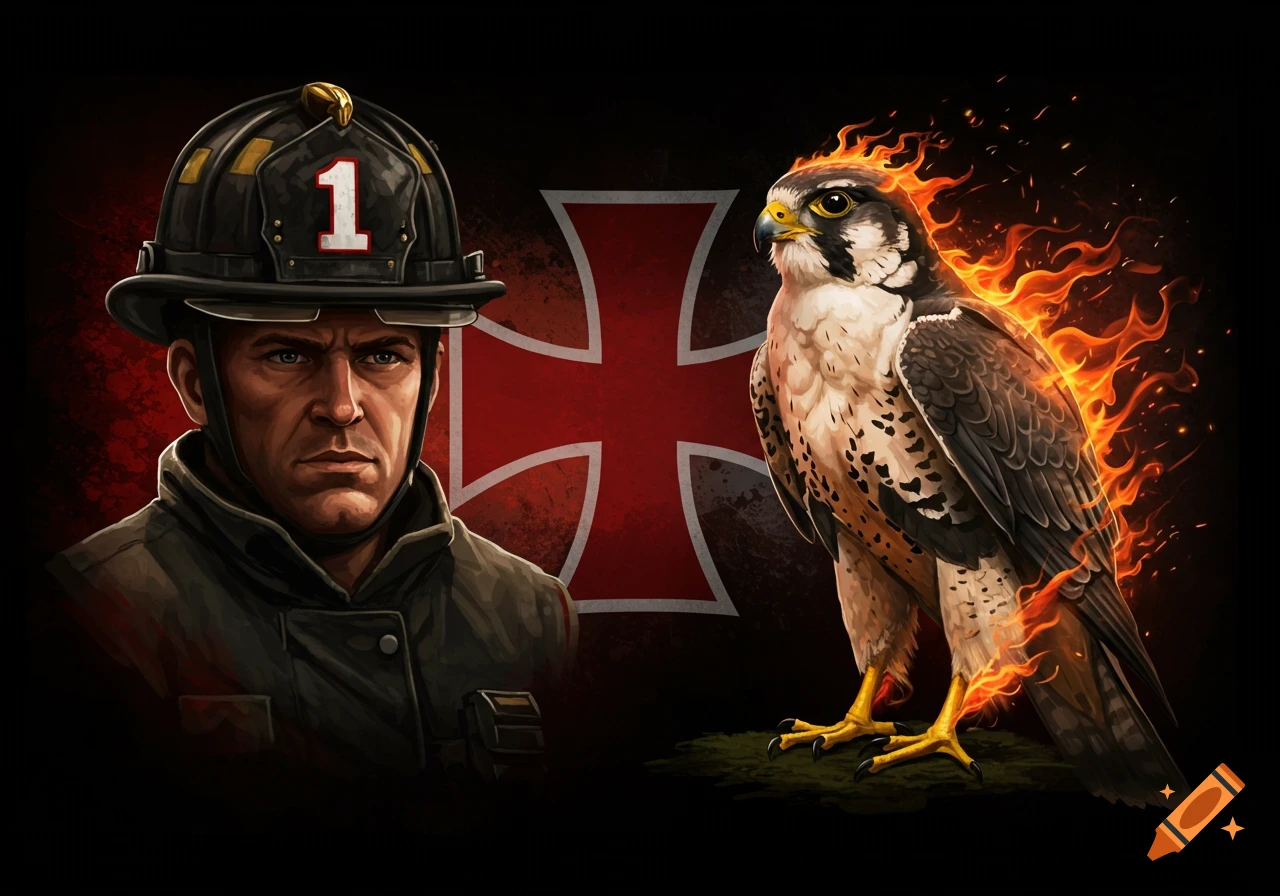 Illustration of a firefighter in a helmet with '1' on the left and a falcon with flames on the right, against a red Maltese cross background.