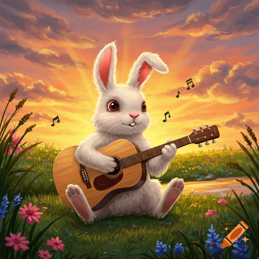 A cute fluffy white rabbit sitting in a green field at sunset, playing an acoustic guitar with musical notes floating around.