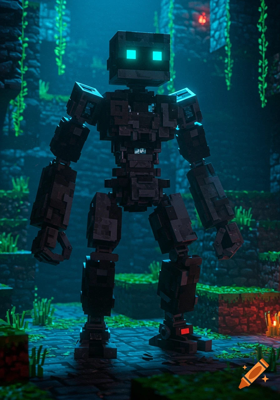 A dark blocky robot with glowing blue eyes stands in a lush, cavernous Minecraft-like environment.