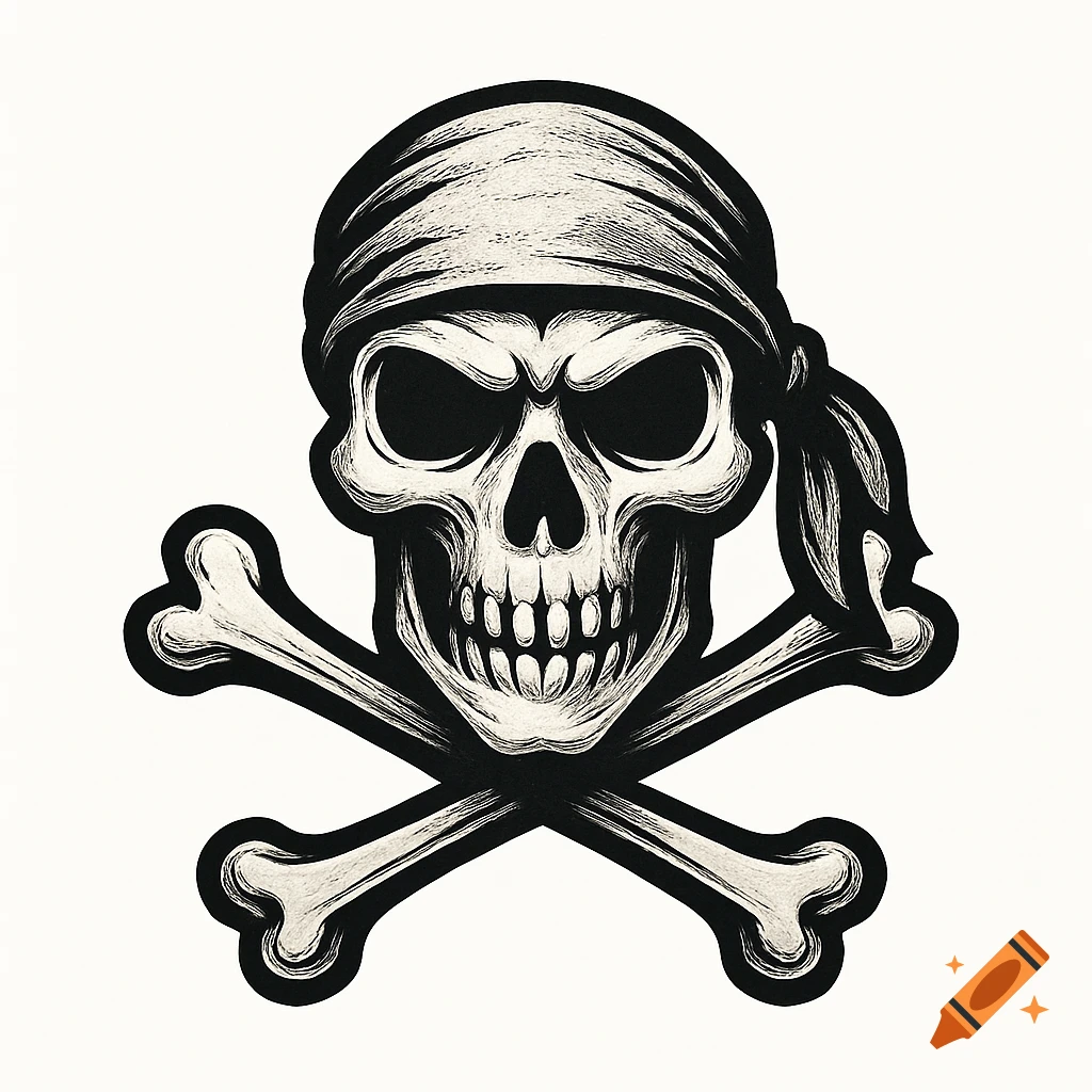 Black and white illustration of a stylized pirate skull wearing a bandana above crossed bones.