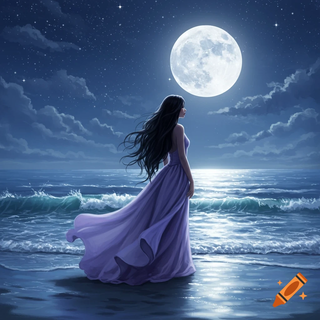 A woman in a flowing purple dress stands on a moonlit beach, looking out at the ocean under a starry sky.