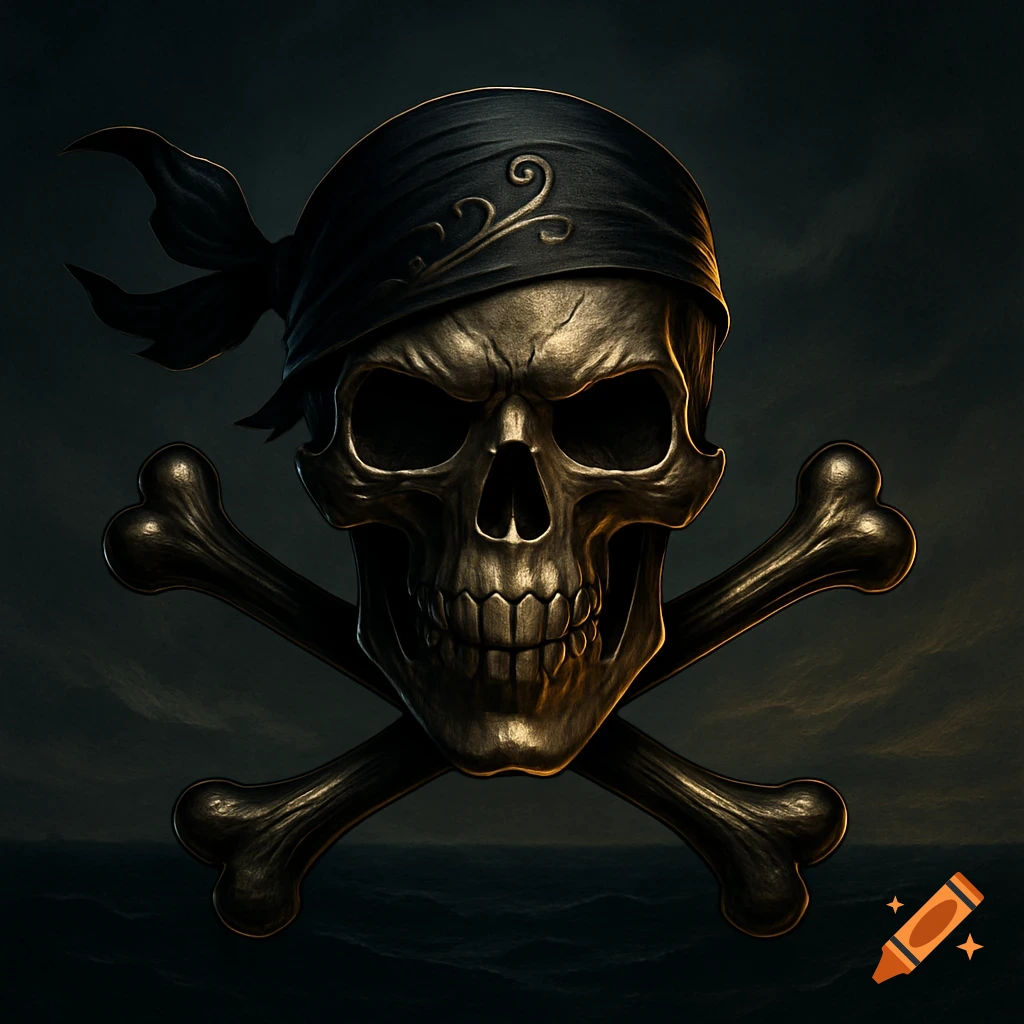 A metallic pirate skull wearing a black bandana over crossed bones, set against a dark, stormy sea background.