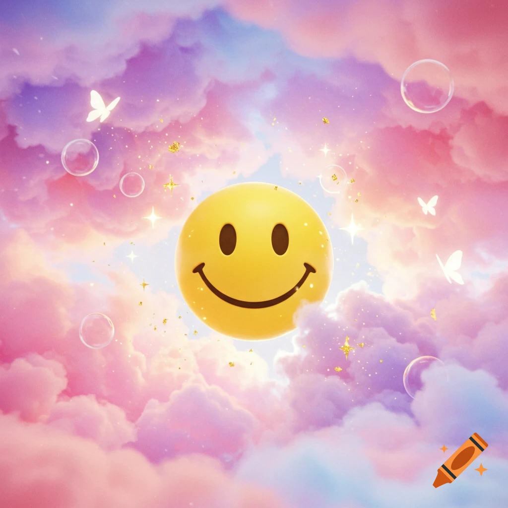 A 3D smiley face floats amidst soft pink and purple clouds, surrounded by glowing stars, white butterflies, and shimmering bubbles.