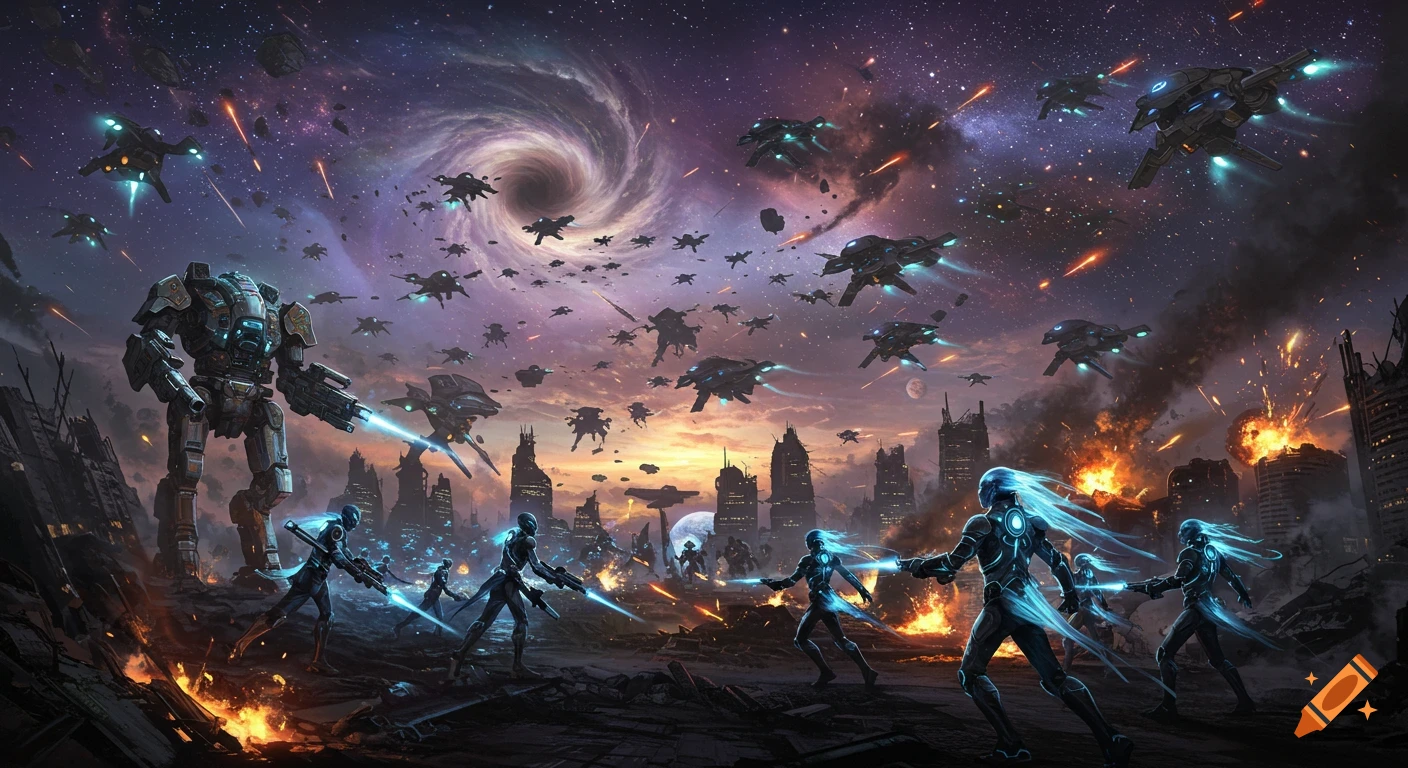 Epic sci-fi battle: spaceships, a massive mech, and glowing blue soldiers fight in a ruined city under a starry, swirling galaxy.
