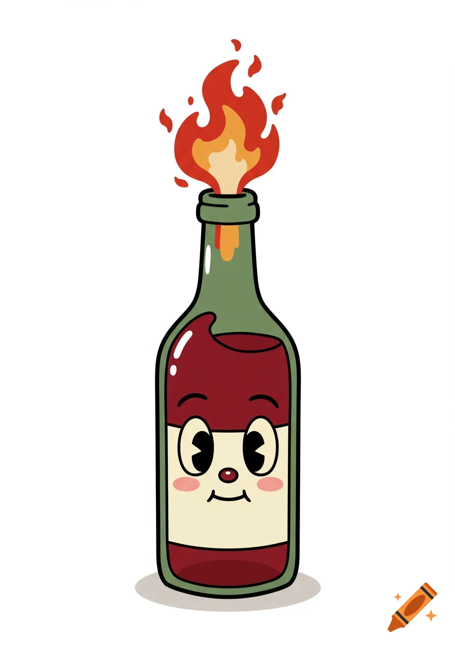 Cartoon illustration of a green bottle with a Cuphead-style face and a flame coming out of its top.
