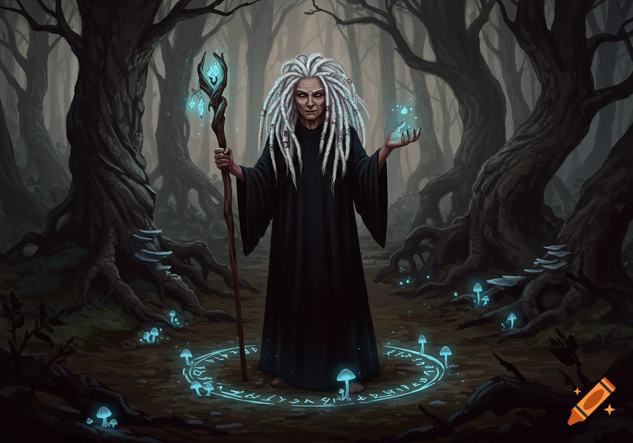An elderly witch with white dreadlocks stands in a dark, mystical forest, holding a glowing staff and surrounded by glowing mushrooms and runes.