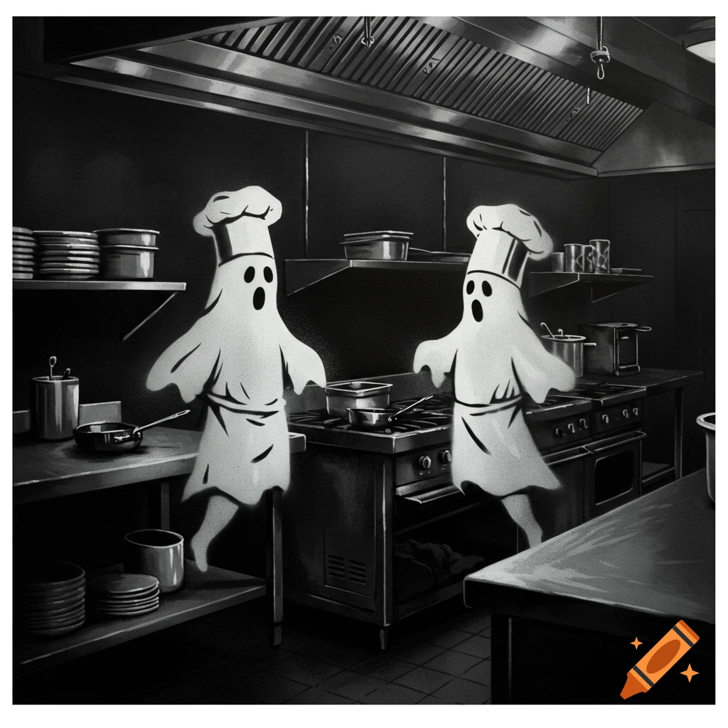 Two cartoon ghosts wearing chef hats and aprons stand in a high-contrast black and white commercial kitchen.