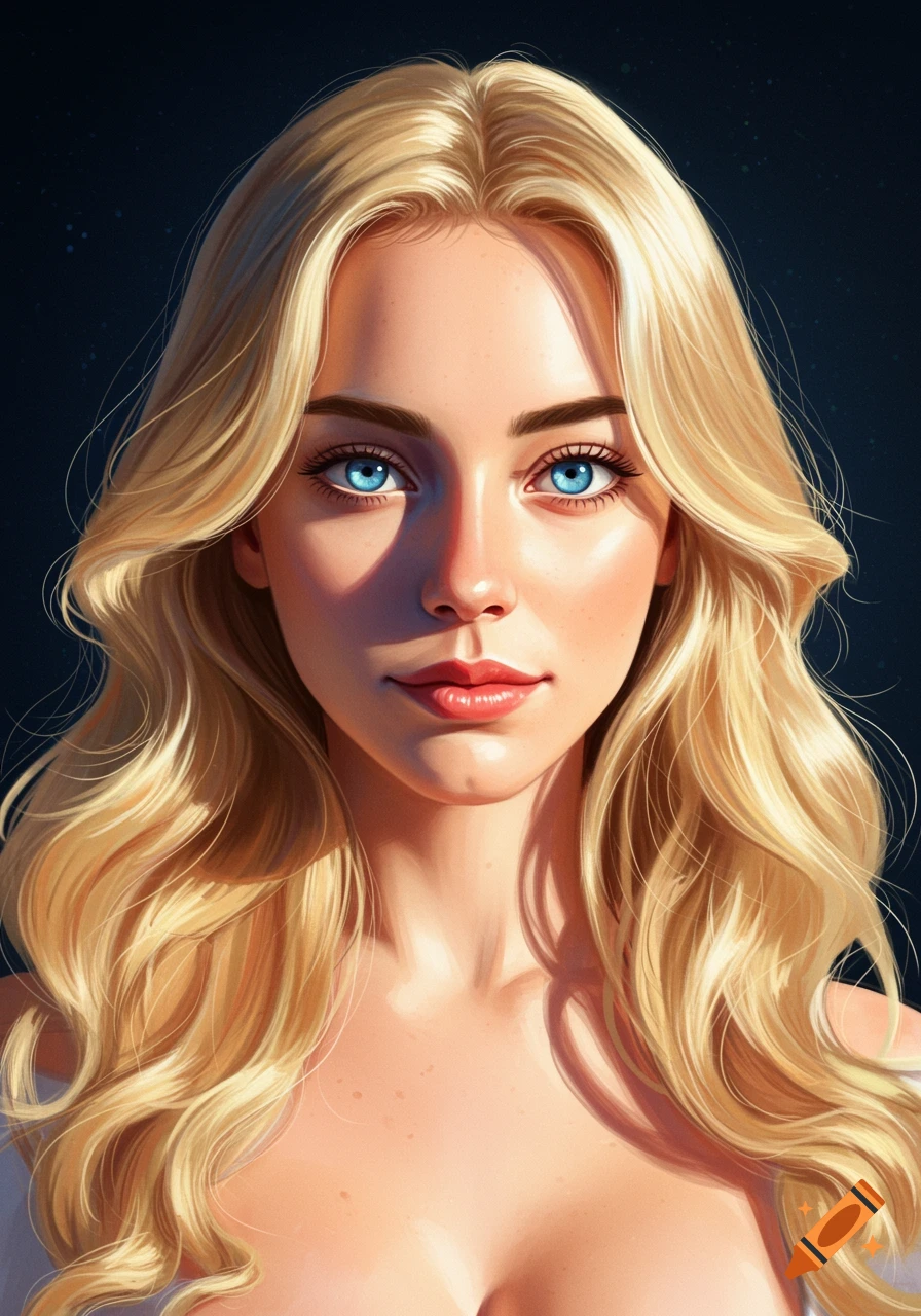 A portrait painting of a woman with blonde wavy hair and bright blue eyes, in a realistic anime style.