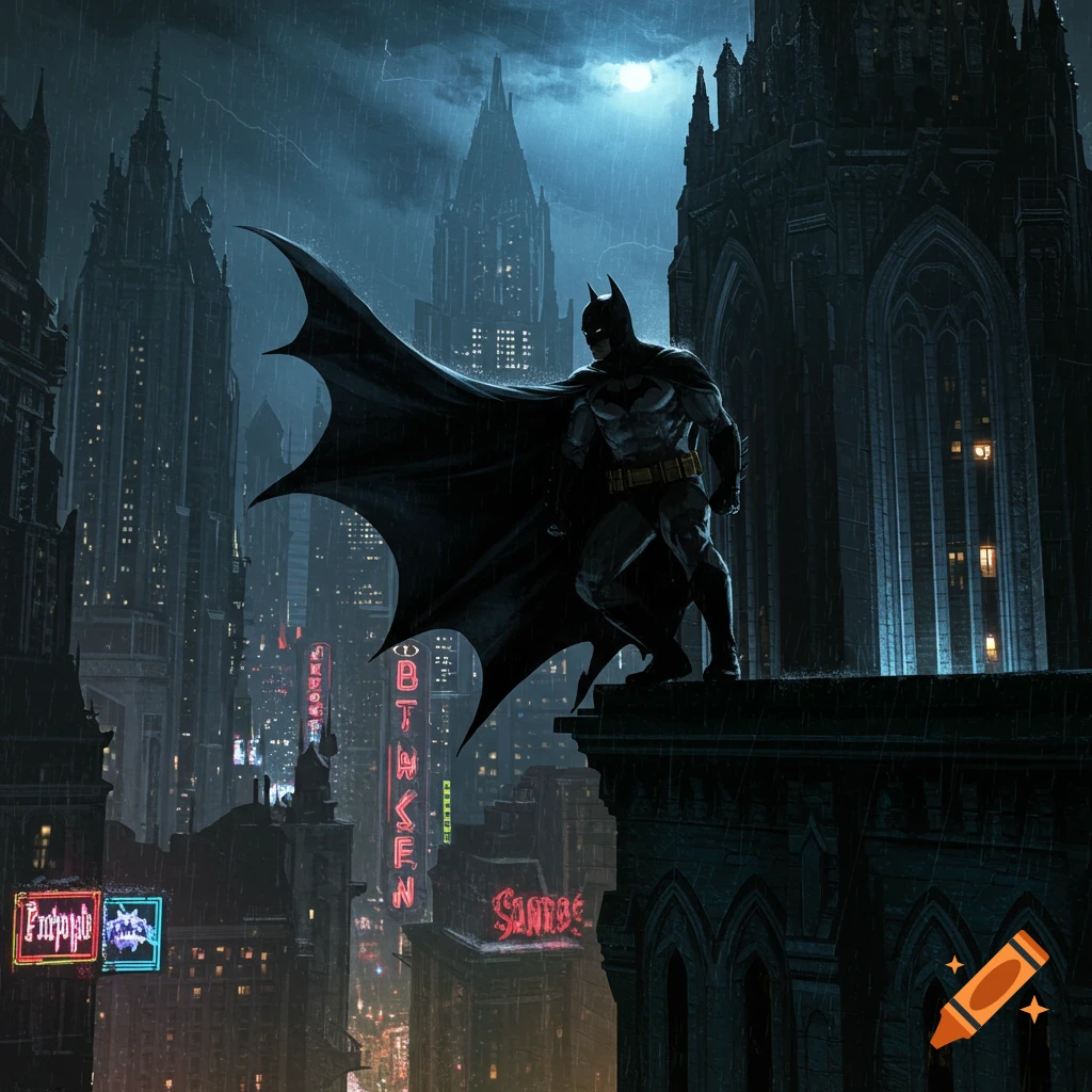 Batman in a dark, rainy Gotham City, standing on a gothic rooftop overlooking the city's neon-lit skyscrapers under a full moon and lightning.
