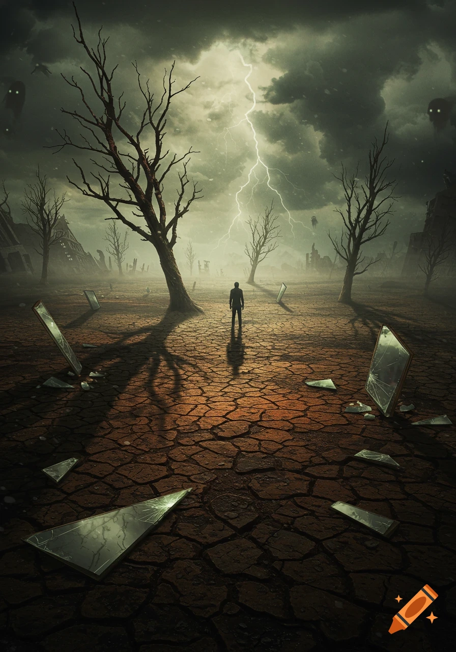 A lone figure stands in a cracked, desolate landscape under a stormy, lightning-filled sky, surrounded by bare trees, broken mirrors, and ghostly apparitions.
