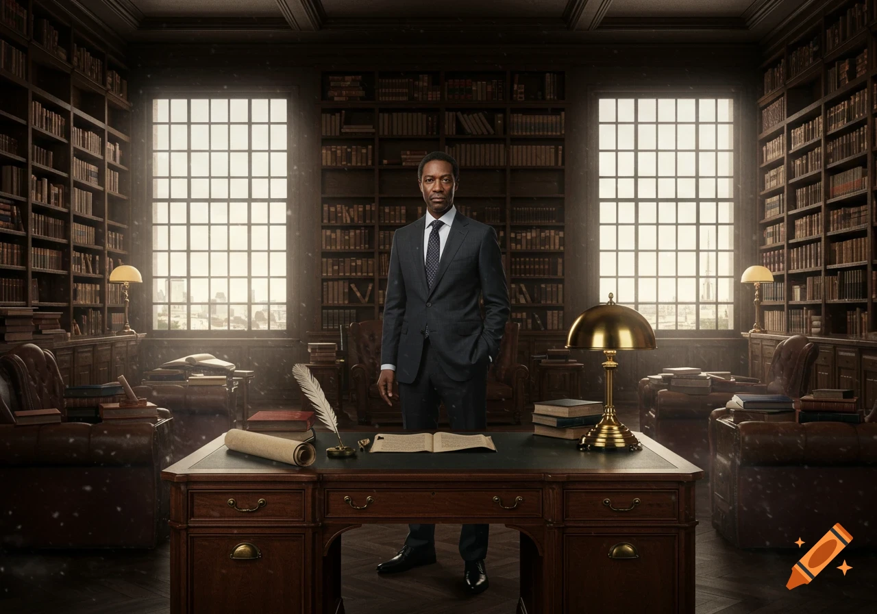 A distinguished man in a dark suit stands centrally behind a grand desk in a luxurious, dark wood library with tall bookshelves and two large windows.