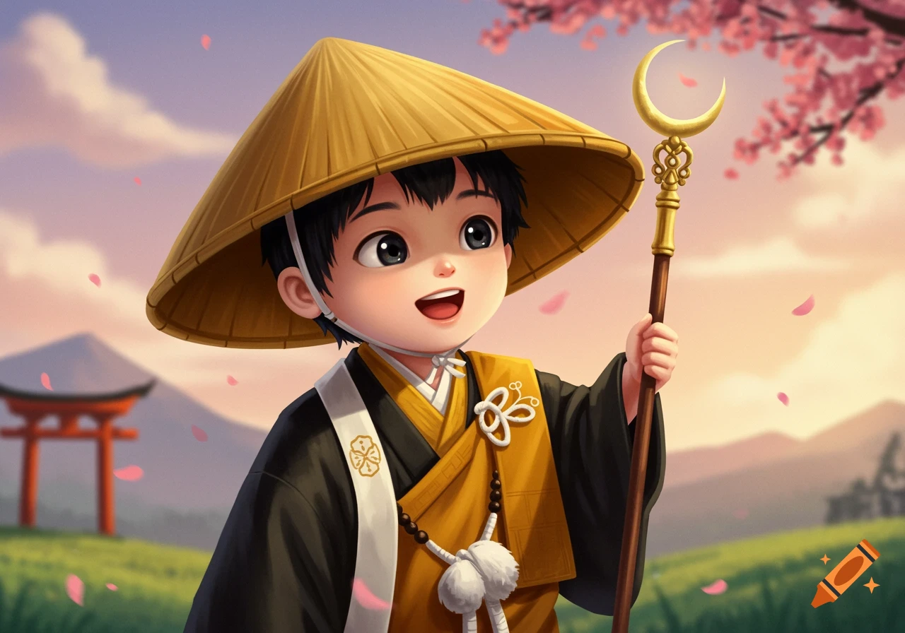A cute anime boy in a yellow kimono and straw hat holds a staff under cherry blossoms, with a torii gate in the background.