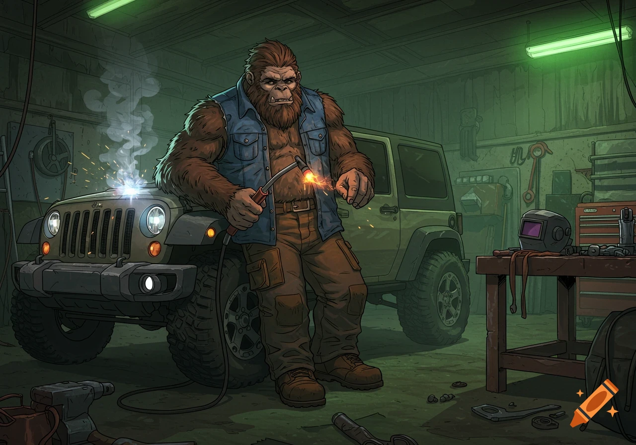 Digital illustration of a Sasquatch welder in a garage, leaning on a green Jeep and holding a lit torch.