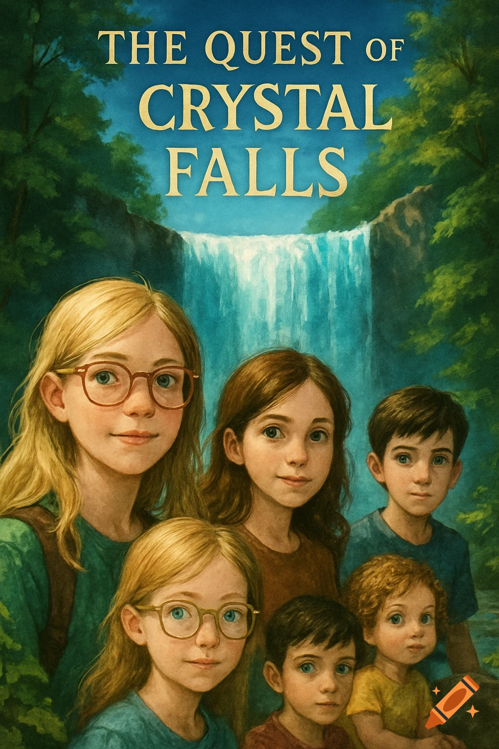 An illustrated book cover titled 'The Quest of Crystal Falls' featuring six children of varying ages in front of a majestic waterfall and lush green forest.