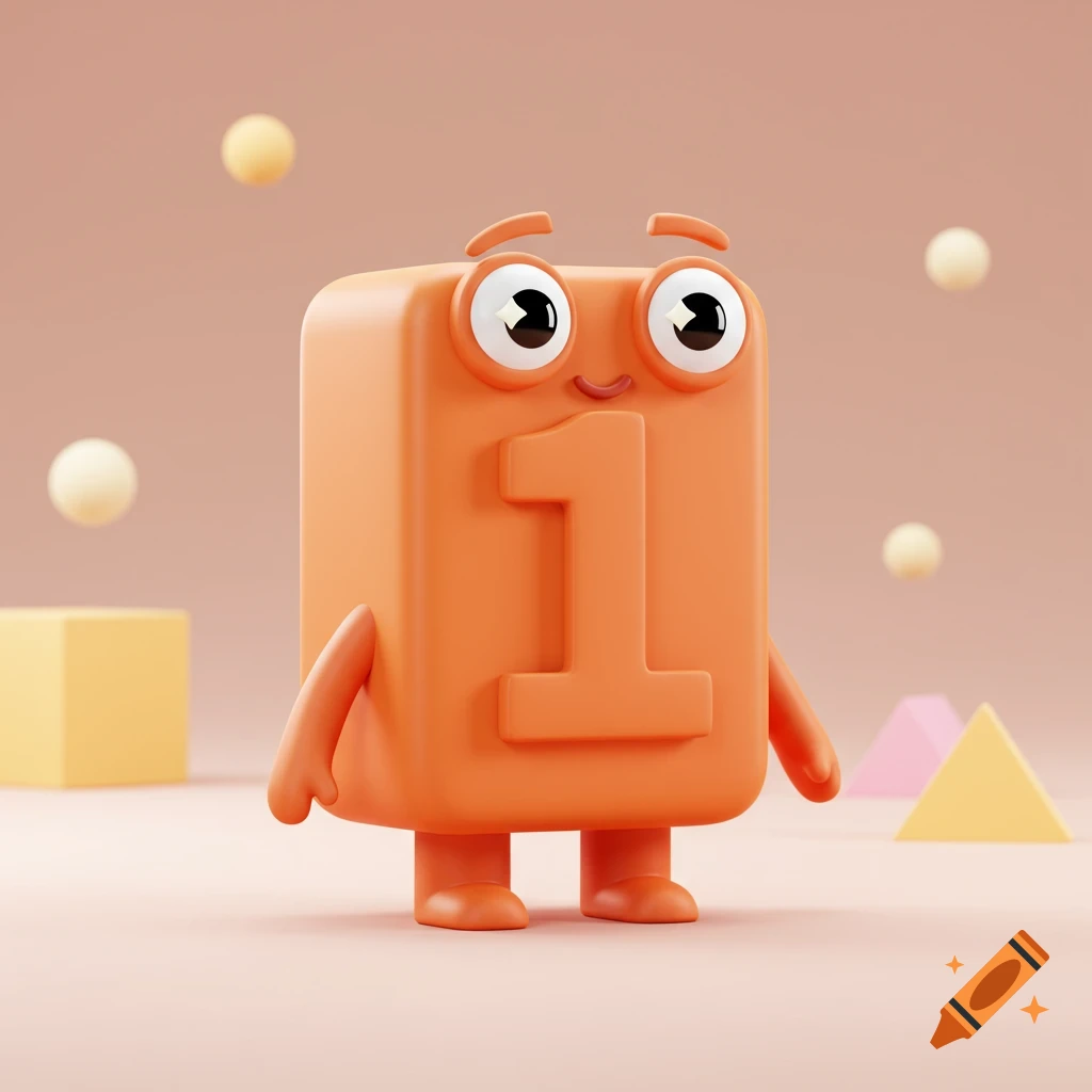 A cute orange block character with the number one on its front, big eyes, and a smile, in a 3D render.
