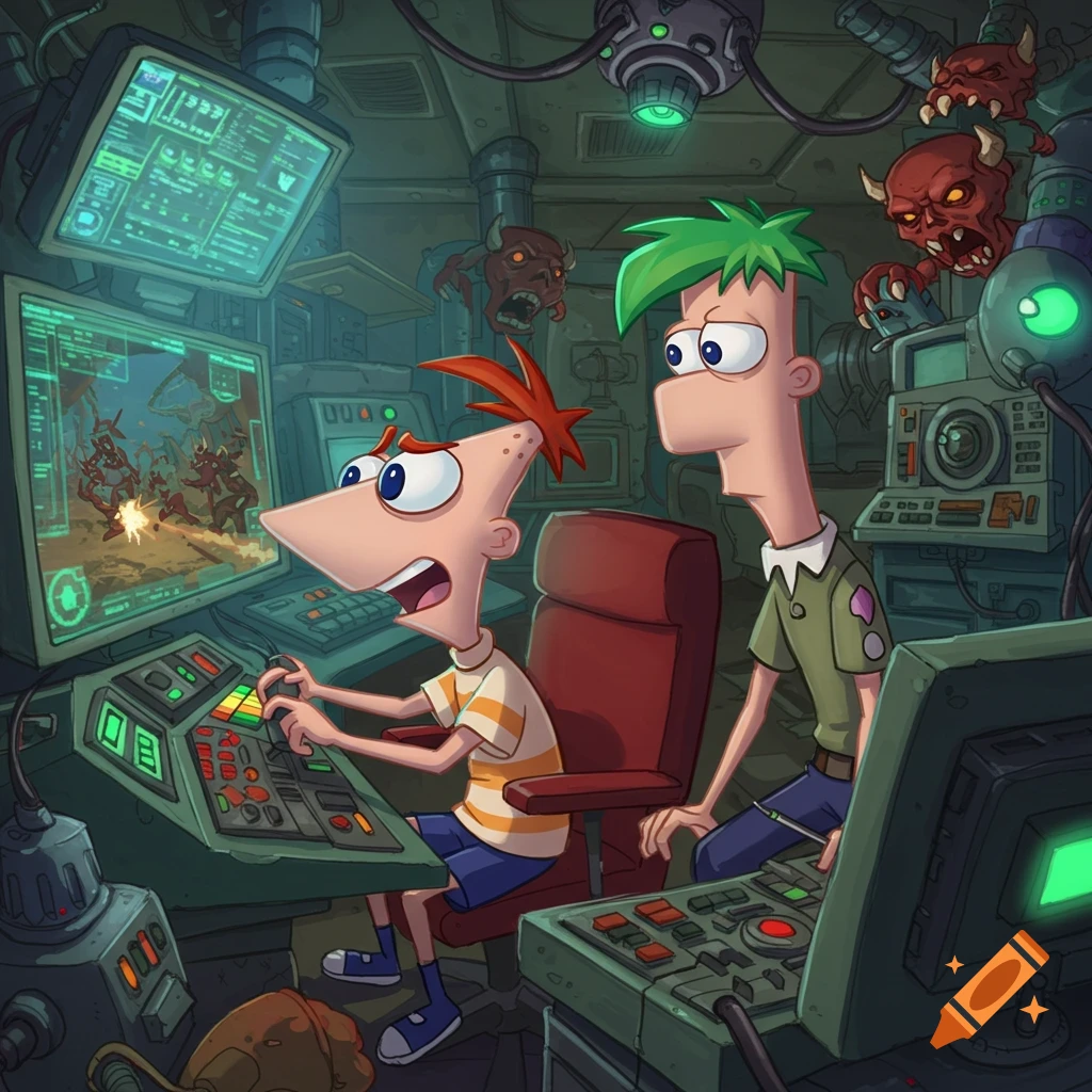 Phineas and Ferb play a video game featuring Doom-like demons in a dimly lit, high-tech control room.