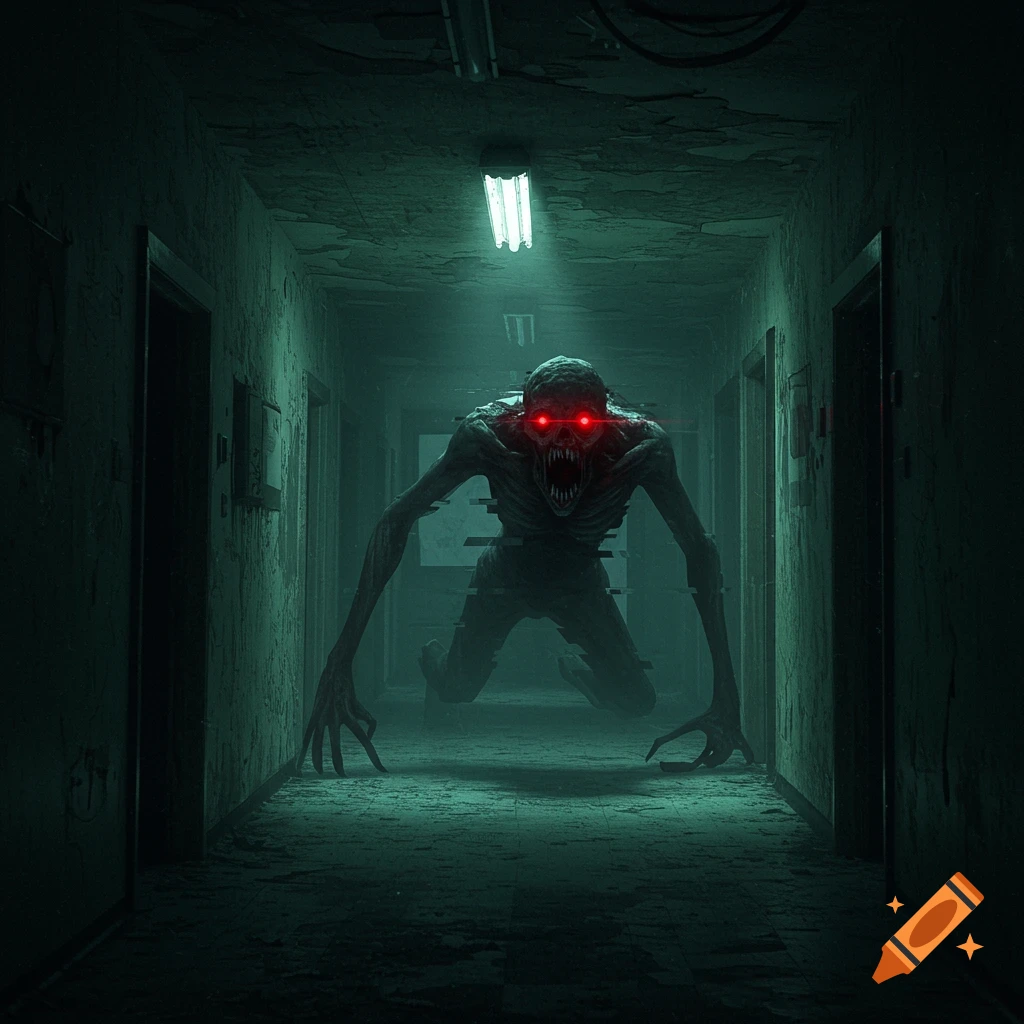 A terrifying monster with glowing red eyes and sharp teeth emerges from a dark, grungy hallway in an analog horror style.
