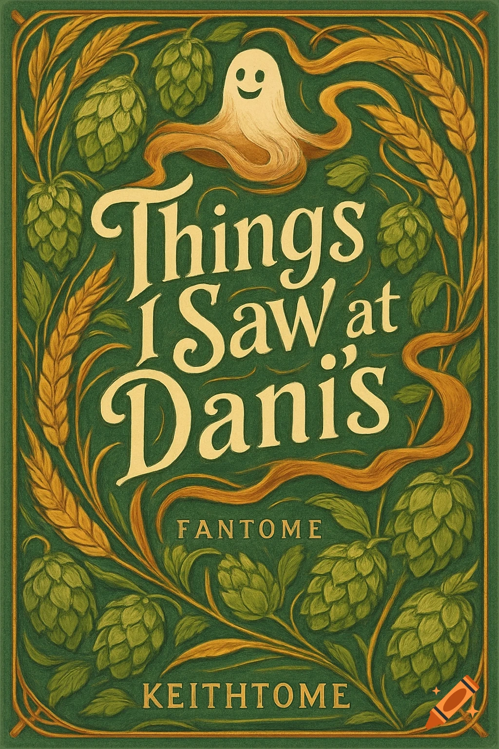 Vintage-style book cover illustration with a smiling ghost, hops, and wheat on a green background. Title reads 'Things I Saw at Dani R12;s'.