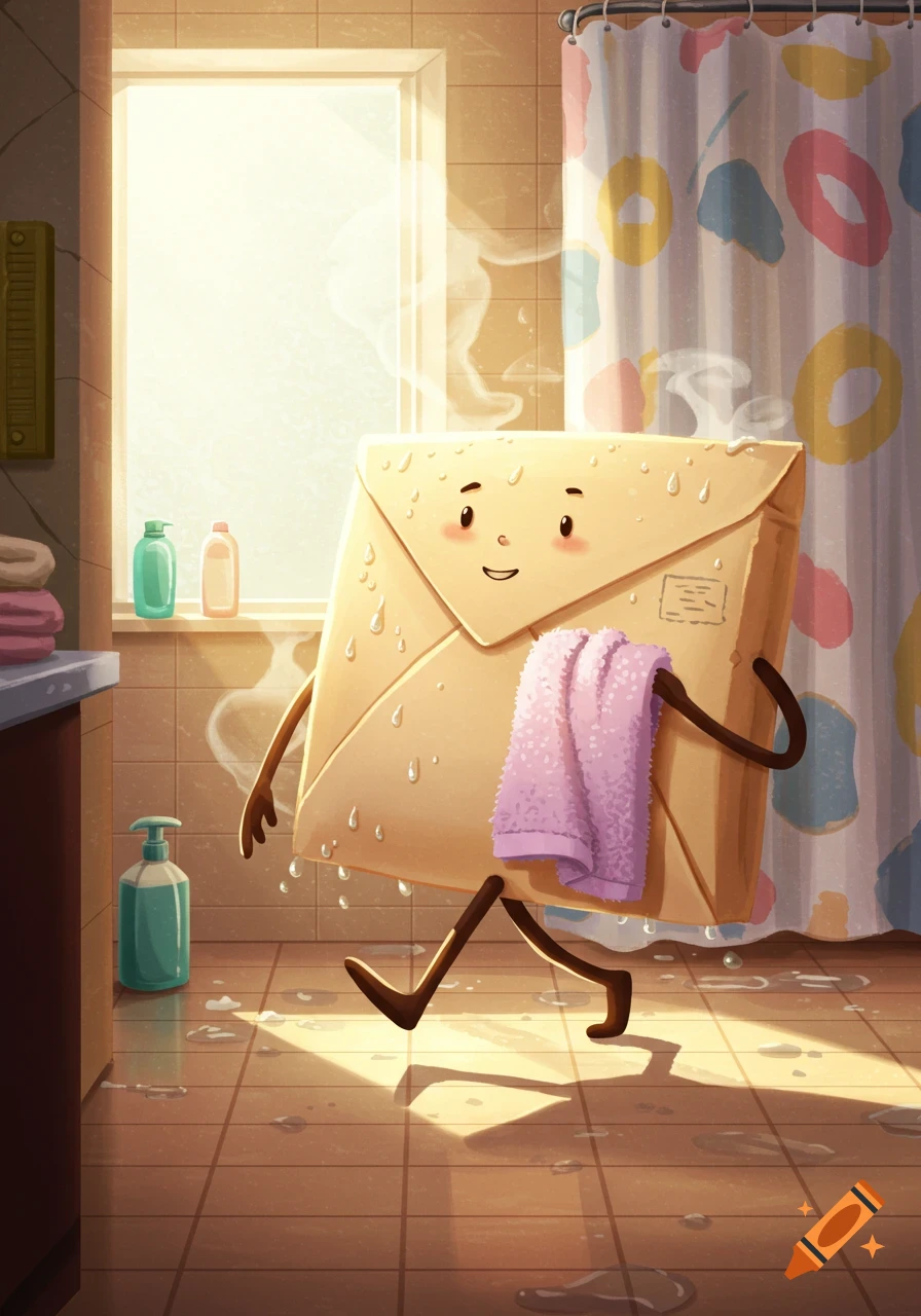 A smiling, anthropomorphic envelope with arms and legs holds a pink towel and walks out of a steamy shower in a bathroom, dripping water.