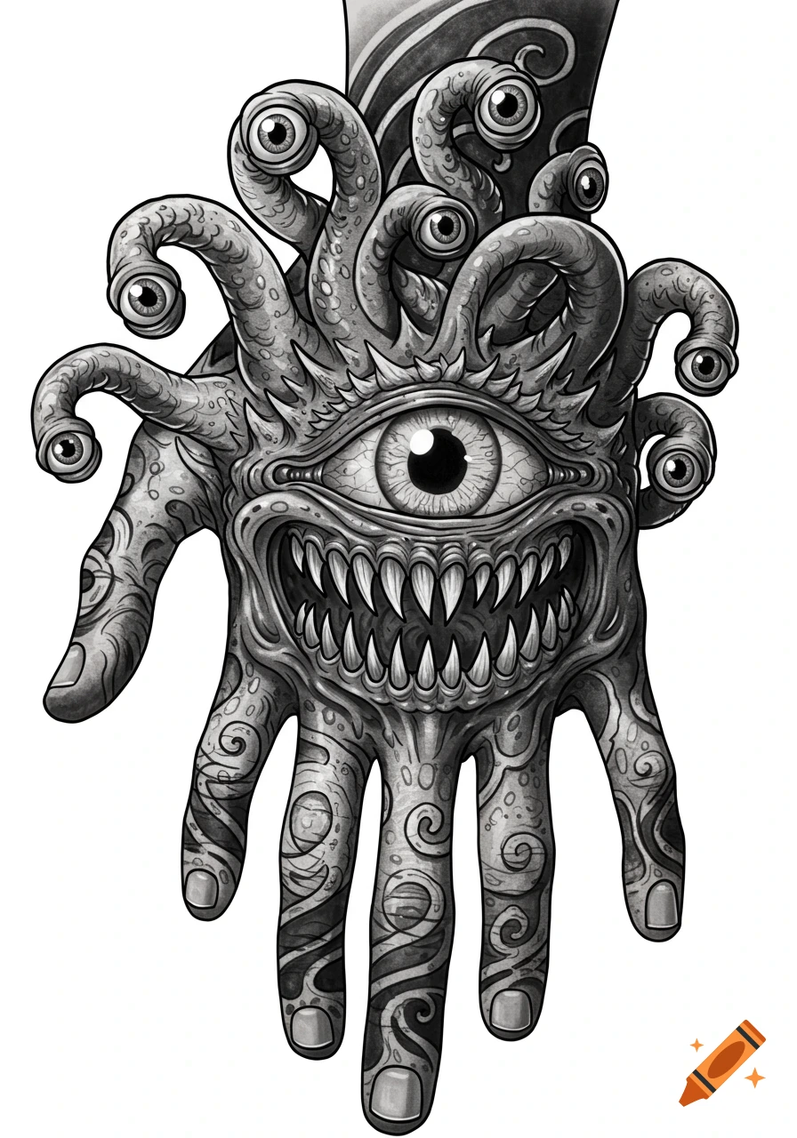 Grayscale illustration of a monstrous hand with a central eye, sharp teeth, and tentacled eyestalks, resembling a D&D Beholder, in a tattoo art style.