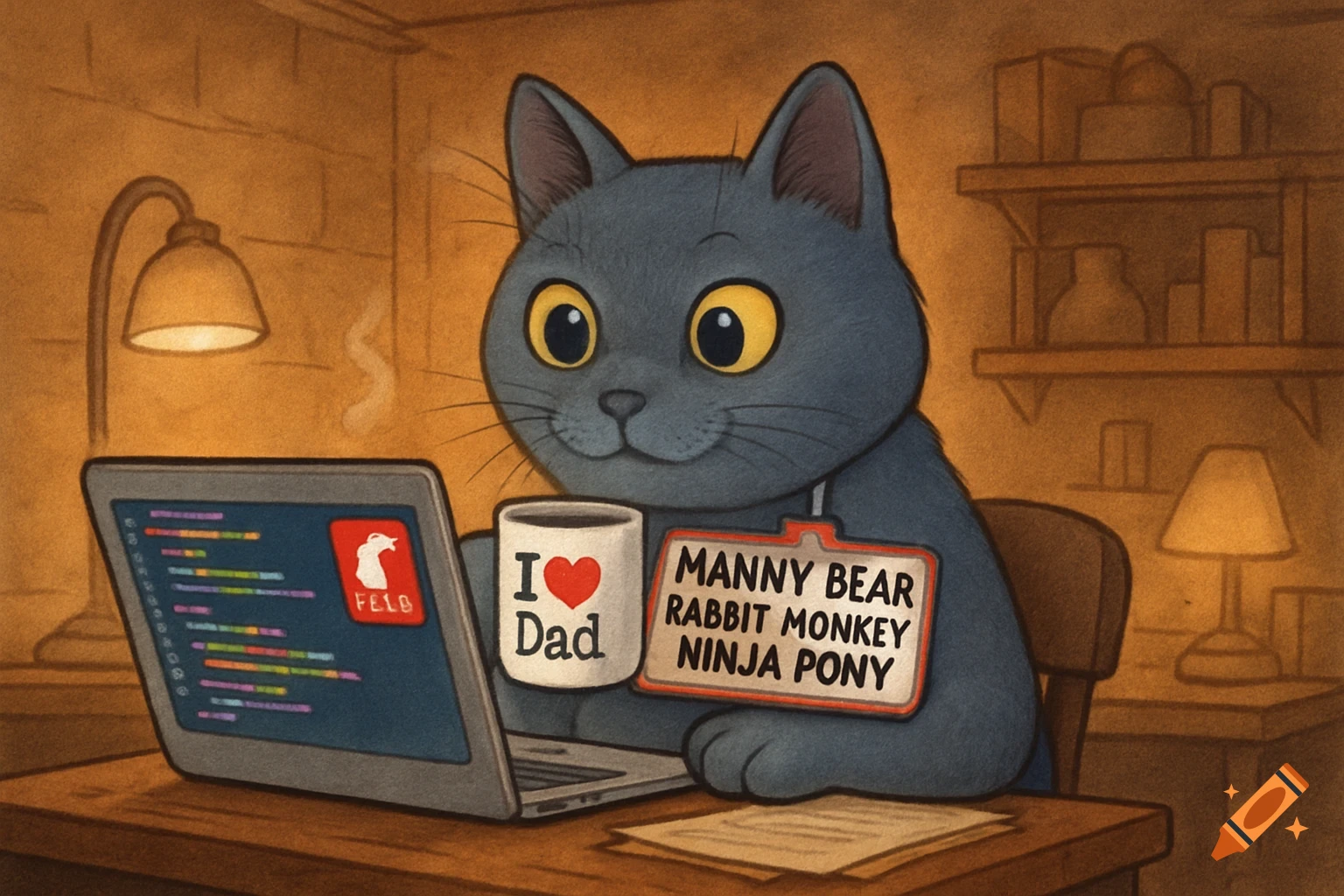 A cartoon-style Chartreux cat in a cozy basement sips coffee from an "I heart Dad" mug while typing on a laptop.