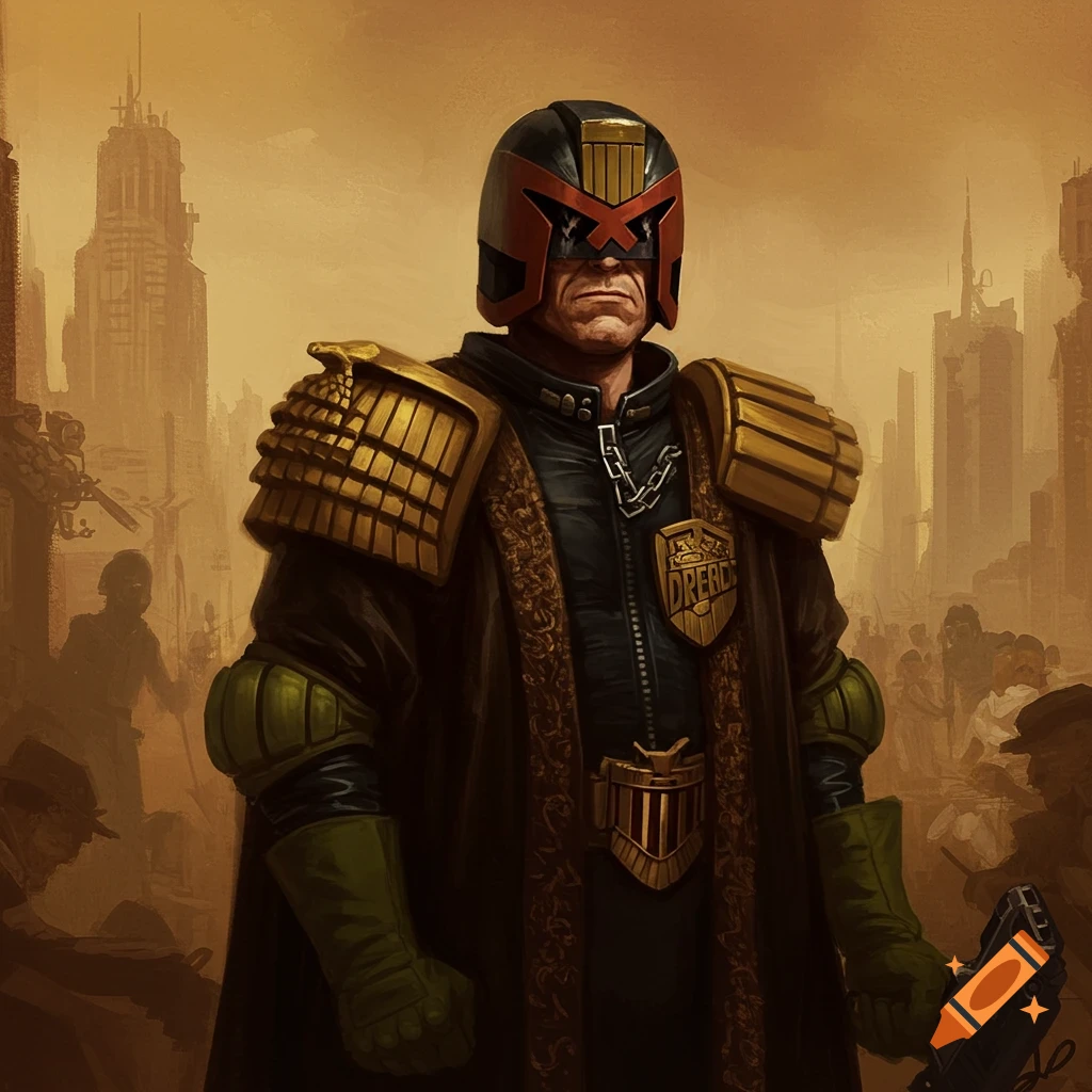 A painting in the style of Rembrandt depicting Judge Dredd in full armor, standing in a dystopian city.