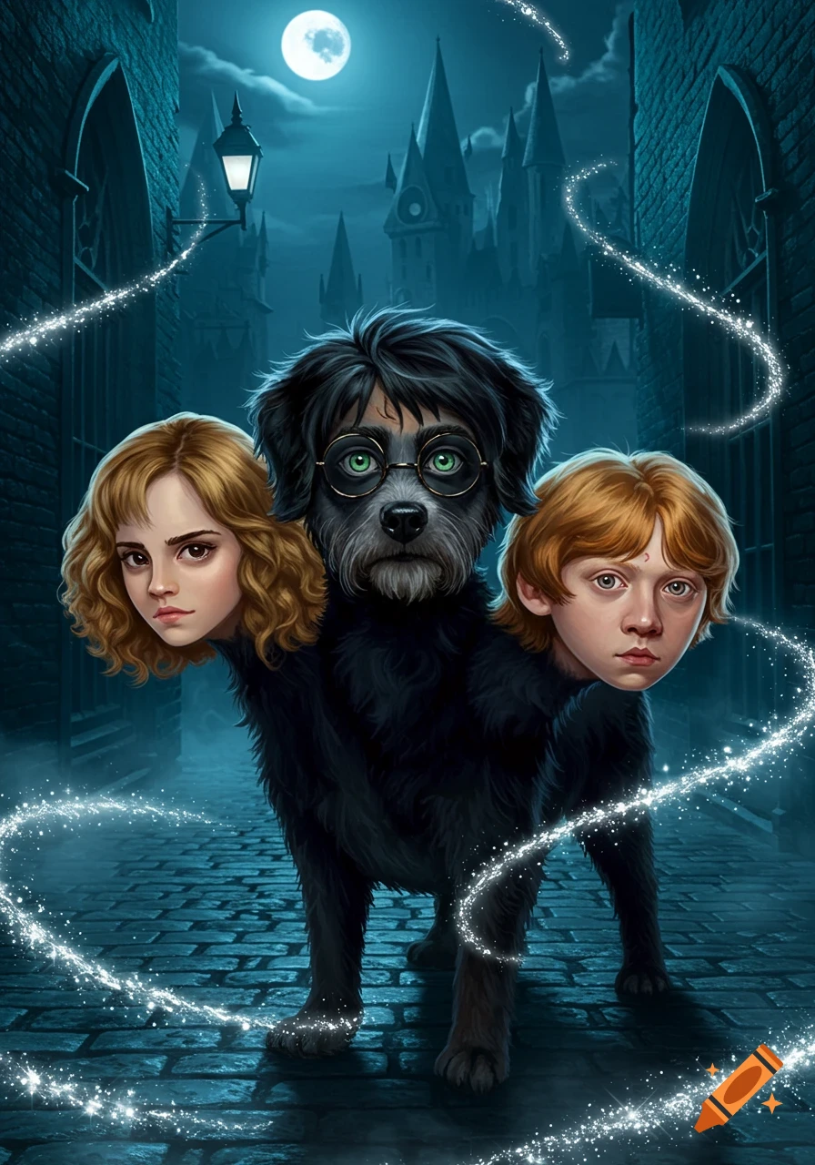 Illustration of a three-headed black dog with Harry, Hermione, and Ron's faces, glowing light, and a castle under a full moon.