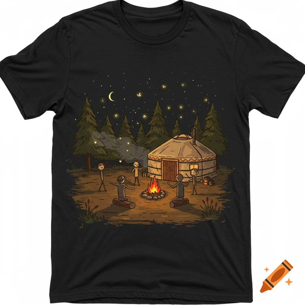 Cartoon illustration on a black t-shirt of stick figures camping around a campfire outside a yurt at night, with trees and fireflies.