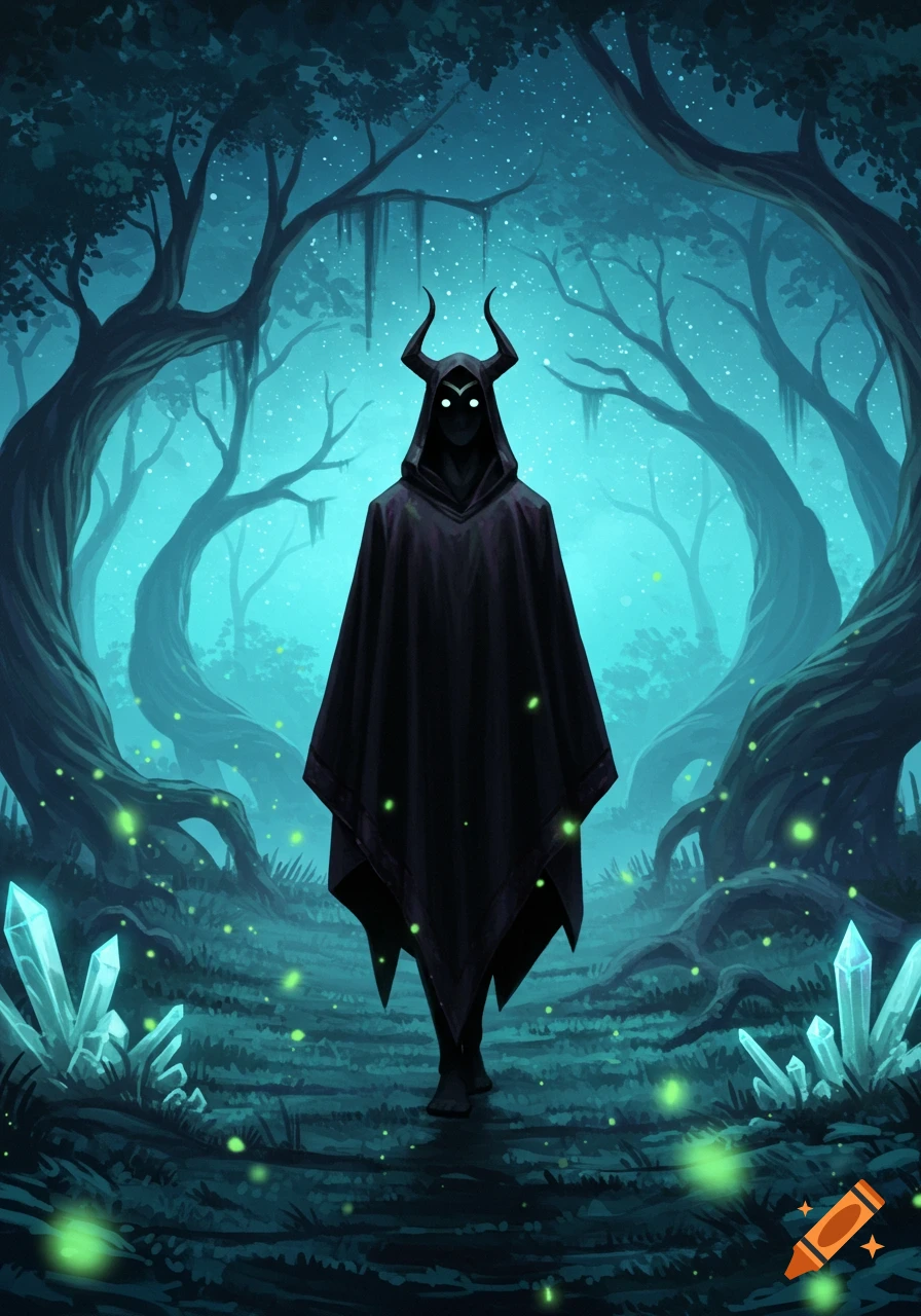 A dark, horned figure with glowing eyes in a black cloak stands in a mystical, glowing turquoise forest with crystals.