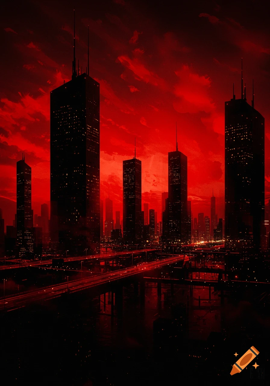 Dark cityscape with tall buildings silhouetted against a dramatic red sky and red light trails from traffic on highways.