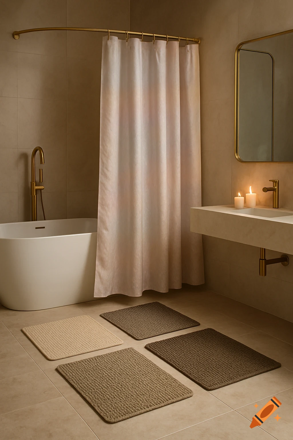 A modern bathroom with a white bathtub, gold fixtures, a light-colored shower curtain, and four textured bath mats.
